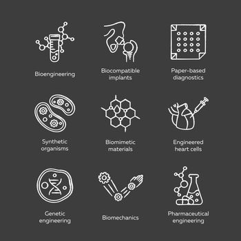 Bioengineering chalk icons set. Technology for health, evolutionary researching, materials creating. Molecular biology, biomedical and molecular engineering. Isolated vector chalkboard illustrations