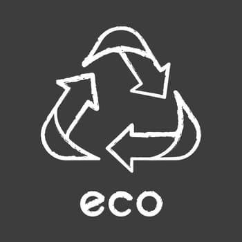 Eco label chalk icon. Three angled arrow signs. Recycle symbol. Alternative energy. Environmental protection sticker. Eco friendly chemicals. Organic cosmetics. Isolated vector chalkboard illustration