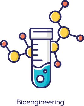 Bioengineering white color icon. Biological engineering. Scientific medical research. Test tube and molecule. Biochemistry, biotechnology. Laboratory equipment. Isolated vector illustration