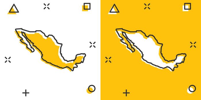 Vector cartoon Mexico map icon in comic style. Mexico sign illustration pictogram. Cartography map business splash effect concept.