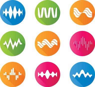 Sound waves flat design long shadow glyph icons set. Music rhythm, heart pulse. Audio waves, sound recording and radio signals. Digital waveforms, abstract soundwaves. Vector silhouette illustration