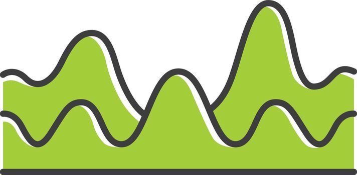 Green overlapping waves color icon. Sound wave with flowing, fluid effect. Digital soundwave, audio waveform, audio rhythm. Music, stereo frequency. Isolated vector illustration