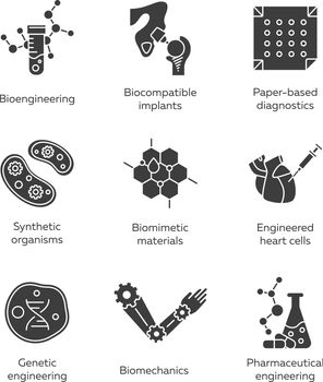 Bioengineering glyph icons set. Biotechnology for health, researching, materials creating. Molecular biology, biomedical and molecular engineering. Silhouette symbols. Vector isolated illustration