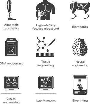 Bioengineering glyph icons set. Biotechnology for human health and comfort. Molecular biology, biomedical and molecular engineering, bioinformatics. Silhouette symbols. Vector isolated illustration