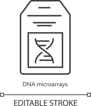 DNA microarray linear icon. DNA chip. Microscopic chromosome spots collection. Biochip. Bioengineering. Thin line illustration. Contour symbol. Vector isolated outline drawing. Editable stroke