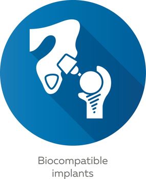 Biocompatible implants blue flat design long shadow glyph icon. Compatible with living tissue material. Artificial joint. Biological structure replace. Bioengineering. Vector silhouette illustration