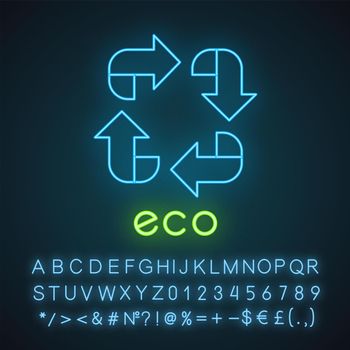 Eco label neon light icon. Four angled arrow signs. Recycle symbol. Alternative energy. Environmental protection sticker. Glowing sign with alphabet, numbers and symbols. Vector isolated illustration