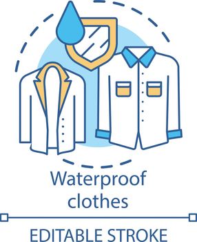 Waterproof clothes concept icon. Moisture resistant autumn clothing idea thin line illustration. Hydrophobic textile, fabric waterproof properties. Vector isolated outline drawing. Editable stroke