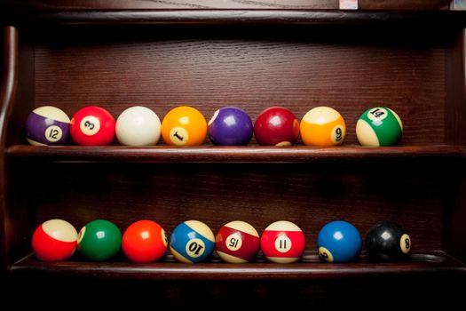 Balls for pool billiards on the shelf , billiard balls for American billiards , balls for Russian billiards