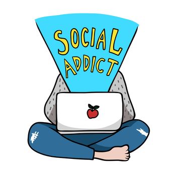Man use laptop Social Addict cartoon vector illustration