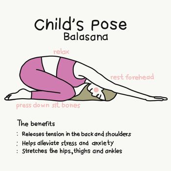 Child's pose yoga pose and benefits cartoon vector illustration