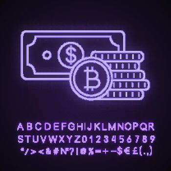 Bitcoin coins stack and dollar banknote neon light icon