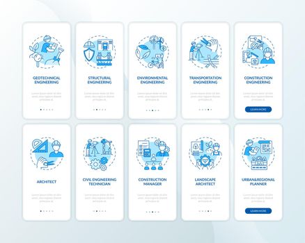 Engineering expertise types blue onboarding mobile app page screen with concept set