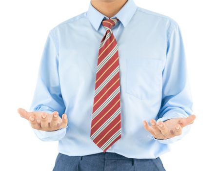 Male wearing blue shirt reaching hand out with clipping path