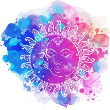 Sun and moon. Meditation concept. Vector illustration on watercolor background.