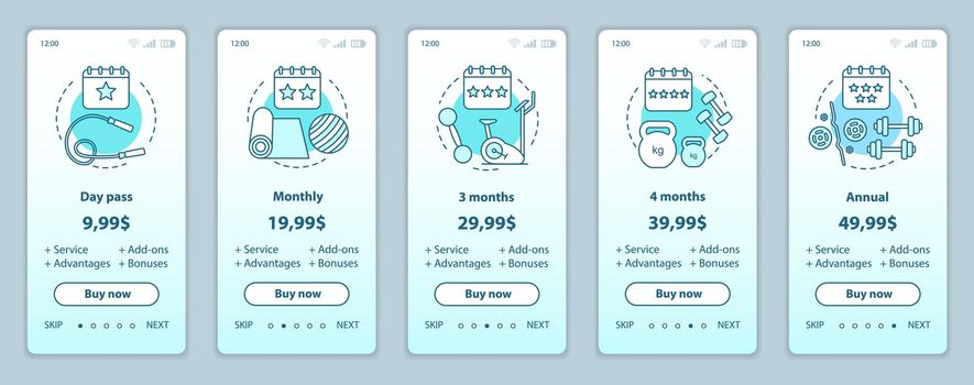 Fitness subscription onboarding mobile app screens prices