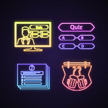 Quiz show neon light icons set