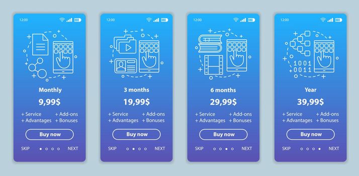 Subscription prices onboarding mobile app screens templates