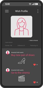 Female wish profile smartphone interface vector template