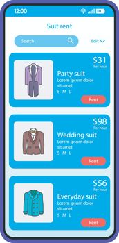 Suit rent application smartphone interface vector template