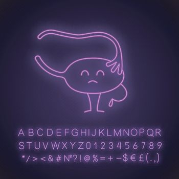 Sad ovary and fallopian tube character neon light icon