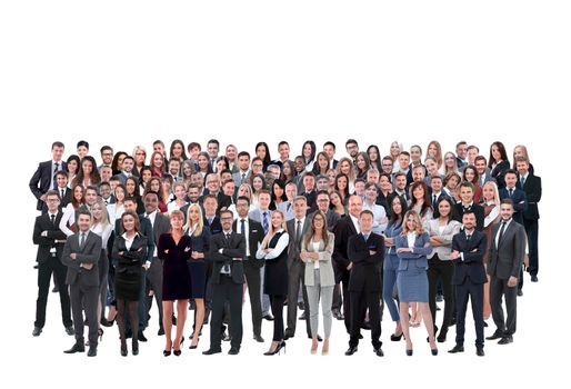business team formed of young businessmen and businesswomen standing over a white background