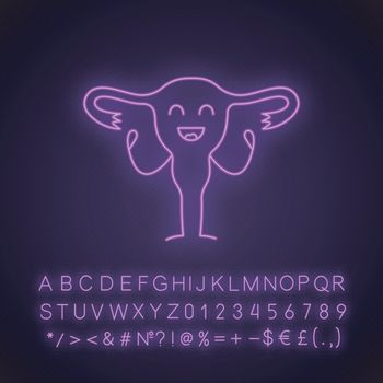 Smiling uterus character neon light icon
