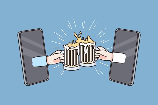 Online party and celebration concept. Human hands clinking glasses with beer online from smartphones screens over blue background vector illustration