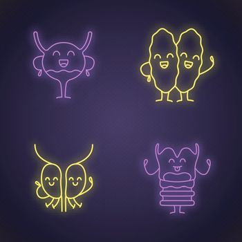 Smiling human internal organs characters neon light icons set