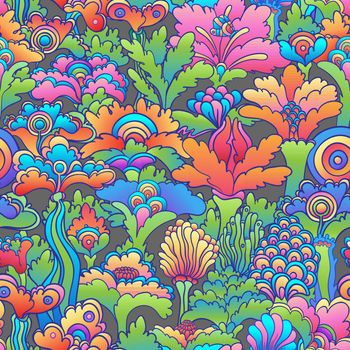 Floral colorful seamless pattern, retro 60s, 70s hippie background. Vintage psychedelic textile, wrapping, wallpaper. Vector repeating illustration.