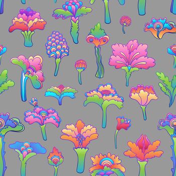 Floral colorful seamless pattern, retro 60s, 70s hippie background. Vintage psychedelic textile, wrapping, wallpaper. Vector repeating illustration.