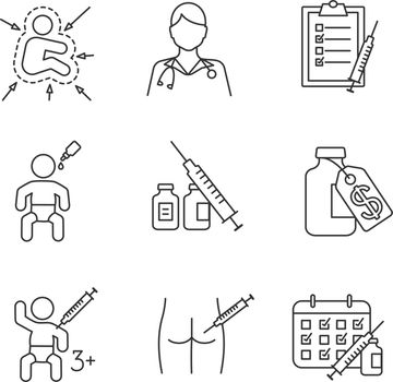 Vaccination and immunization linear icons set