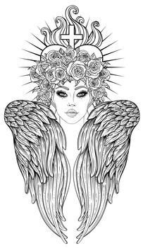 Angel girl with wings and halo. Isolated hand drawn vector illustration. Trendy Vintage style element. Spirituality, occultism, alchemy, magic.