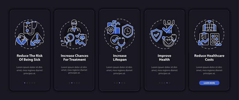 Check ups benefits dark onboarding mobile app page screen