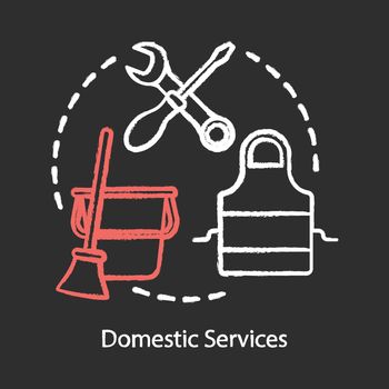 Domestic services chalk concept icon. Household duties, house cleanup and hygiene idea. Housework, domestic chores, cooking. Professional utilities repair. Vector isolated chalkboard illustration