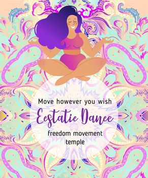 Plus size curvy lady doing yoga class. Yoga card design. Colorful template for spiritual retreat or yoga studio. Ornamental business cards, oriental pattern. Vector
