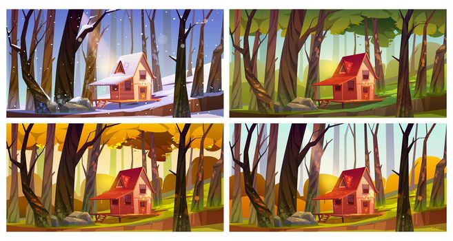 Wooden house in forest at different seasons