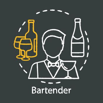 Bartender chalk icon. Barman, barkeeper. Alcoholic drinks serving. Restaurant, bar staff. Catering business. Wine, alcoholic beverage in bottle. Isolated vector chalkboard illustration