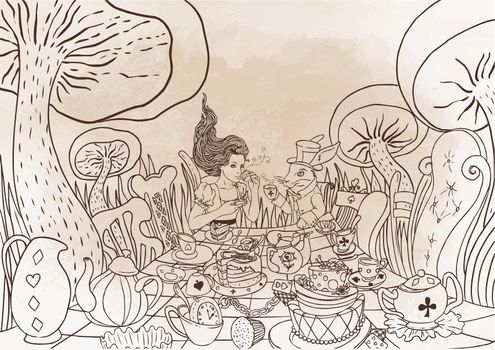 Mad Tea Party. Alice's Adventures in Wonderland illustration. Girl, white rabbit drink from cups under giant mushrooms. Design for Wonderland party. Coloring book for adult page.
