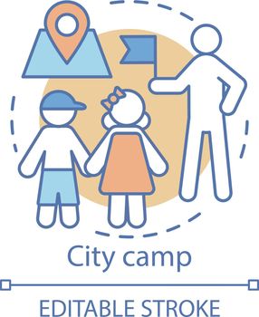 City camp concept icon. Summer urban children club, holiday pastime idea thin line illustration. Exploring town, visiting city landmarks. Vector isolated outline drawing. Editable stroke