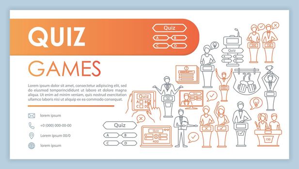 Quiz games web banner, business card vector template. Question contest contact page with phone, email linear icons. Entertainment presentation, web page idea. TV show corporate print design layout
