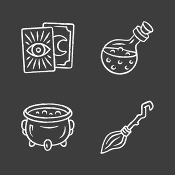 Magic chalk icons set. Tarot cards, potion, witch cauldron and broomstick. Witchcraft and sorcery Halloween items. Isolated vector chalkboard illustrations