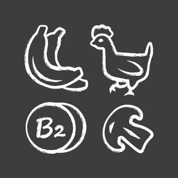 Vitamin B2 chalk icon. Bananas, poultry and mushroom. Healthy eating. Riboflavin food source. Proper nutrition. Fruits, meat products. Minerals, antioxidants. Isolated vector chalkboard illustration