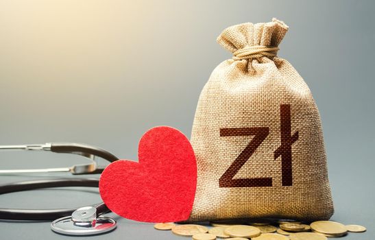 Polish zloty money bag and stethoscope. Health life insurance financing concept. Subsidies. Funding healthcare system. Reforming and preparing for new challenges. Development, modernization.