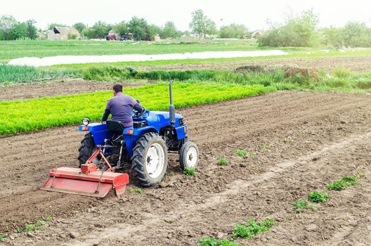 Farmer on a tractor with milling machine loosens, grinds and mixes soil. Loosening the surface, cultivating the land for further planting. Farming and agriculture. Cultivation technology equipment