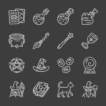 Magic chalk icons set. Witchcraft, sorcery Halloween items. Occult, gypsy mystic rituals tool. Fortune telling, divination. Superstition & future predictions. Isolated vector chalkboard illustrations