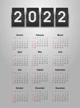 Calendar 2022 year. Week starts on Sunday