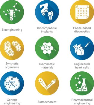 Bioengineering flat design long shadow glyph icons set. Biotechnology for health, evolutionary researching. Molecular biology, biomedical and molecular engineering. Vector silhouette illustration