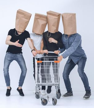 four men in a shopping concept on white