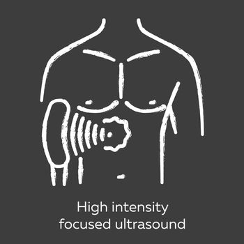 High intensity focused ultrasound chalk icon. HIFU. Non-invasive therapeutic technique. Treatment by ultrasonic waves. Destroying tissue by intense heat. Isolated vector chalkboard illustration
